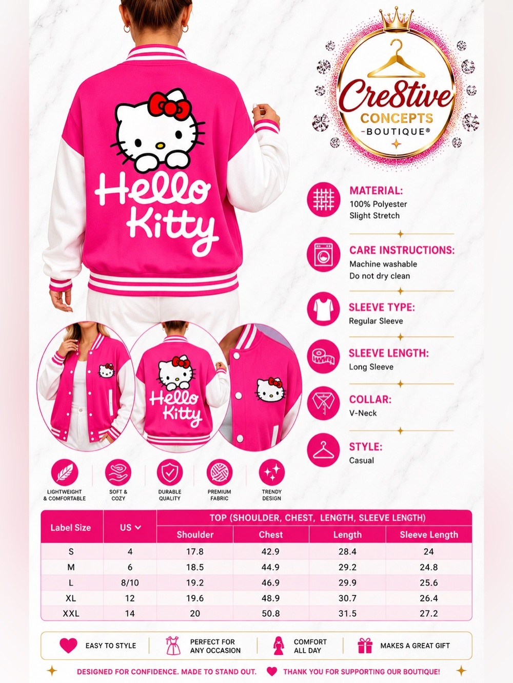 Hello Kitty Pink & White Varsity Jacket – Sanrio Licensed Graphic Bomber Jacket